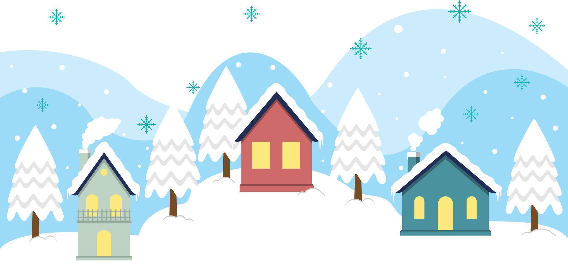 Colorful Snowy Village And Warm Light In Winter Christmas Season vector