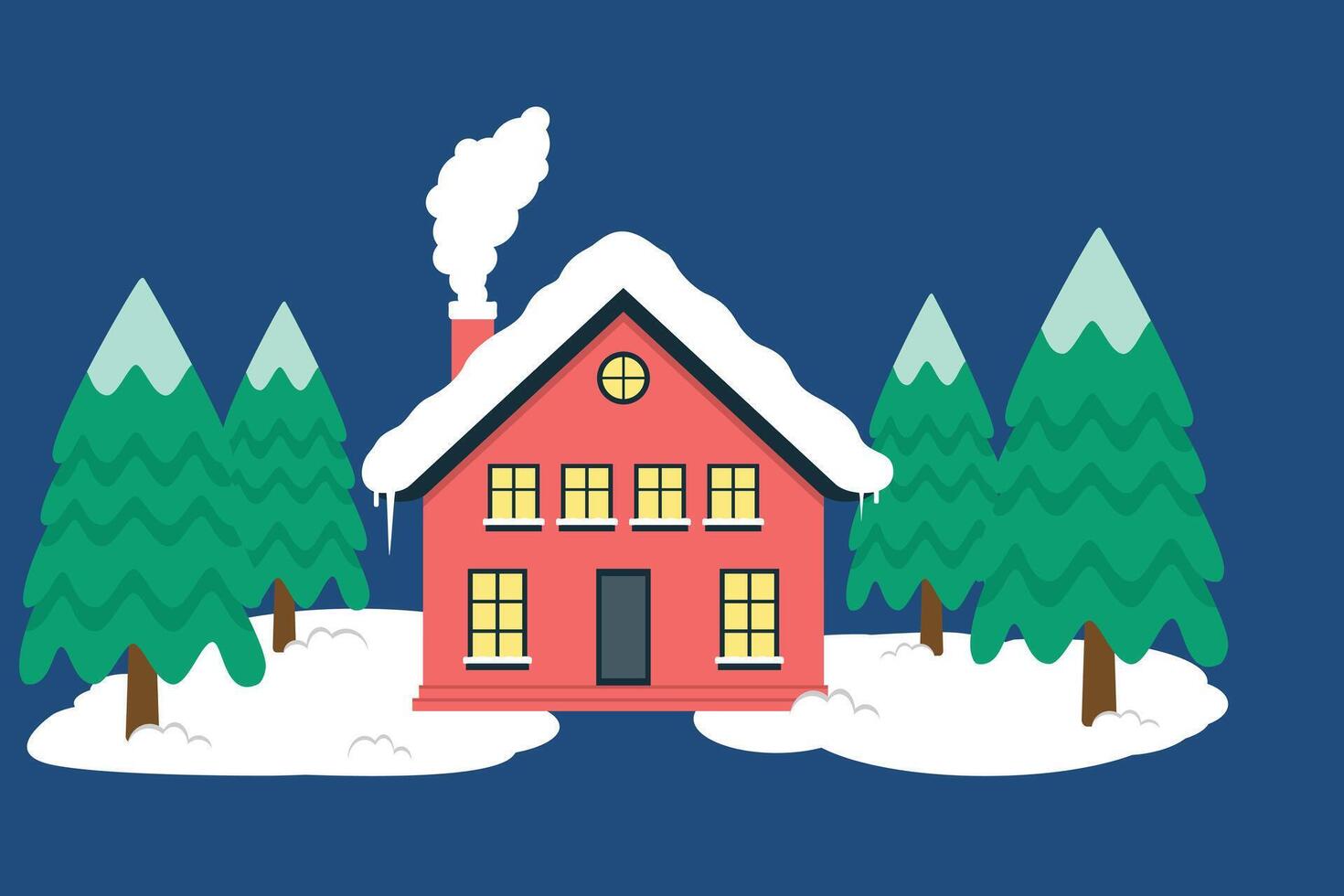 Snowy Holiday Homes Or Winter Housing With Warm Light In Christmas Season vector