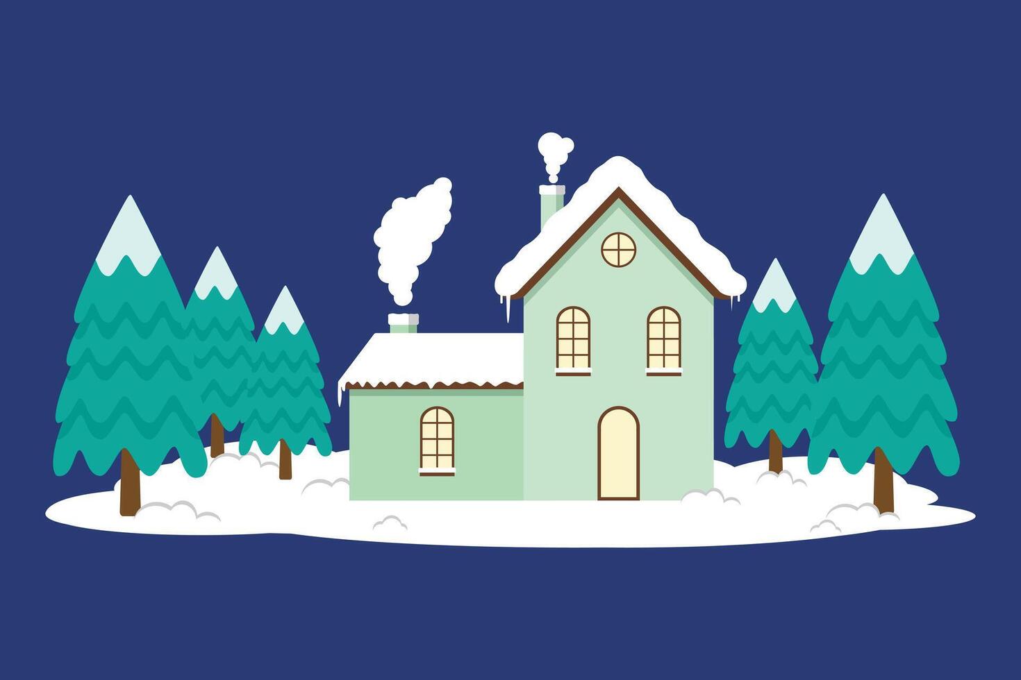 House With Warm Light Surrounded By Snow And Pine Trees In Christmas Season vector