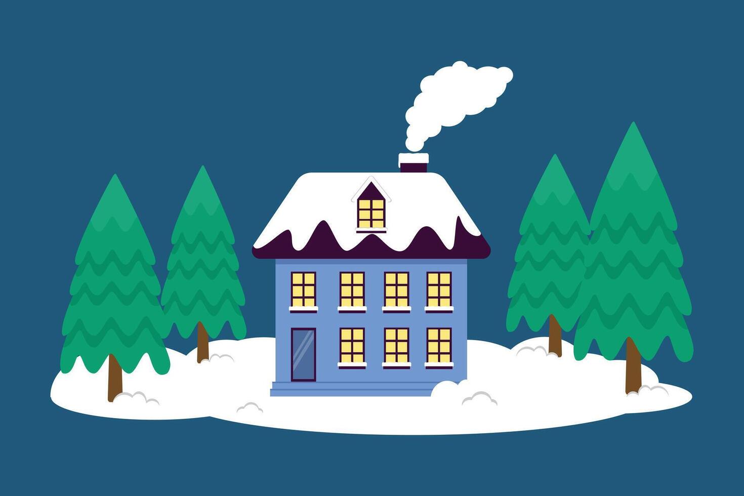 Snowy Holiday Home Or Residence With Warm Light In Winter vector