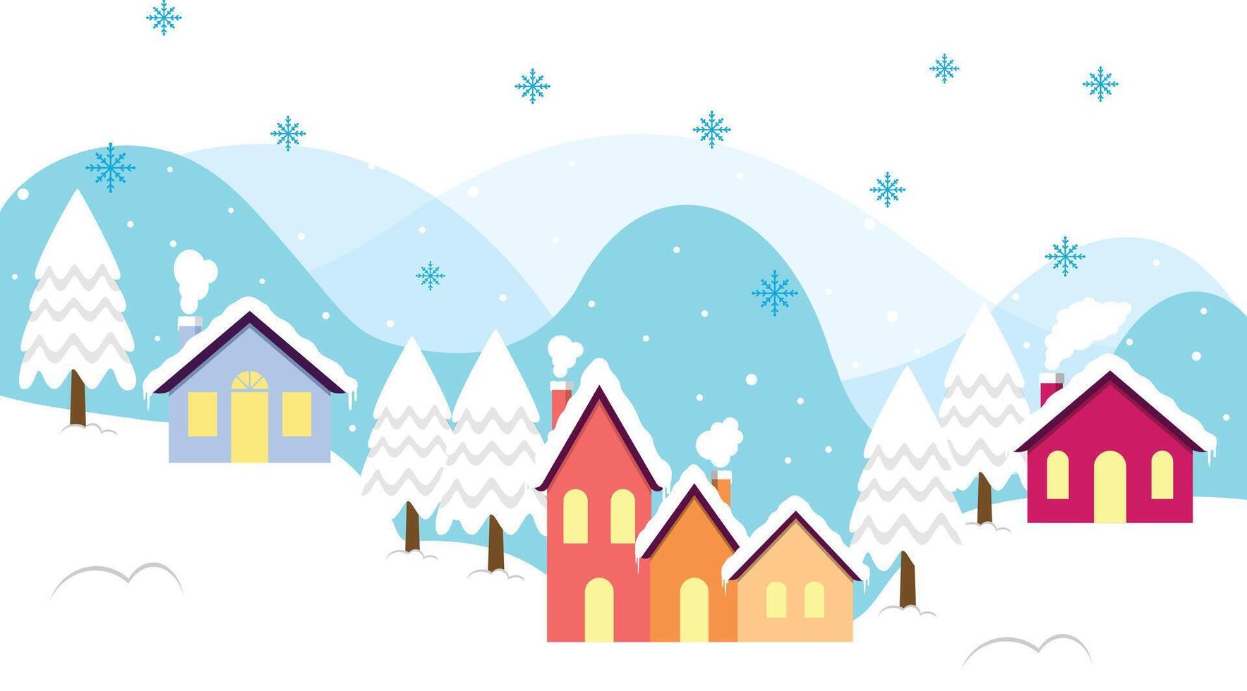 Adorable Snowy Houses And Warm Light In The Village On Winter Christmas Season vector