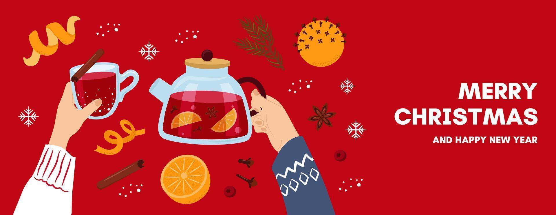 Christmas red banner. Group of people with winter drinks. People celebrate Christmas and New Year together. Hands hold glasses of mulled wine. vector