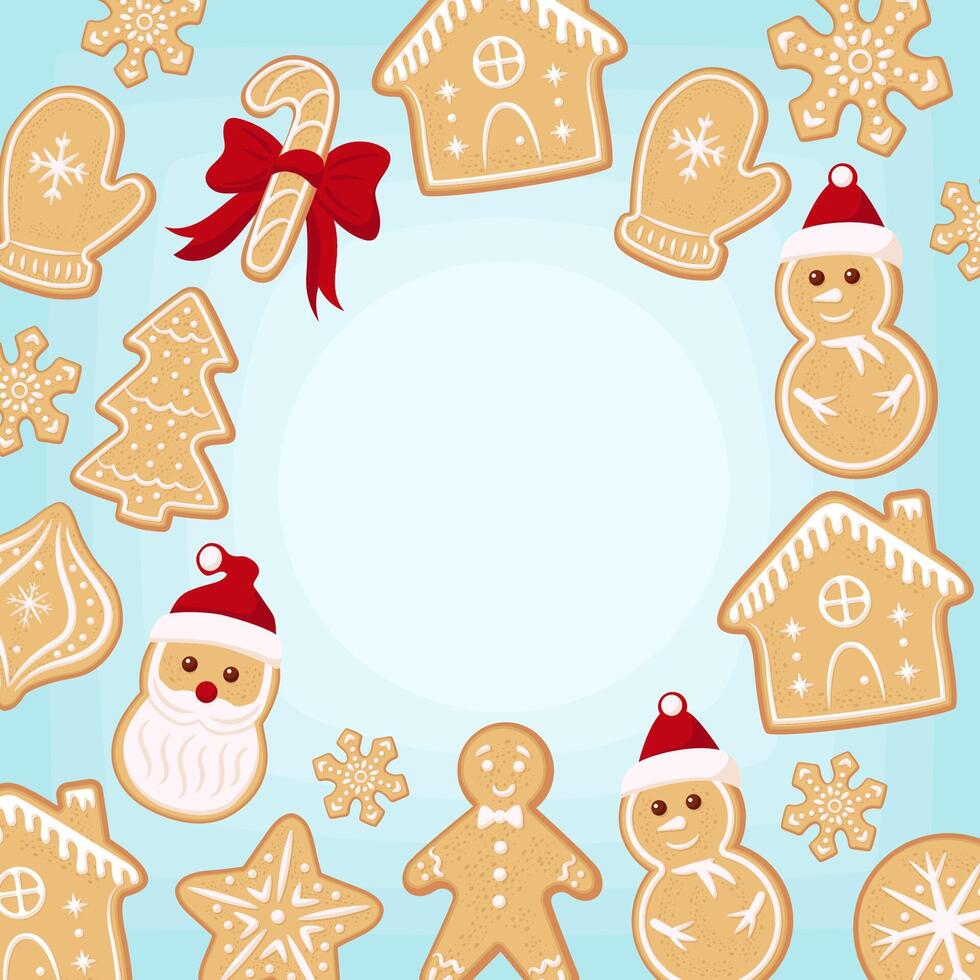 Stock gingerbread cookies blue background. Copy space in the middle square christmas greeting card. vector