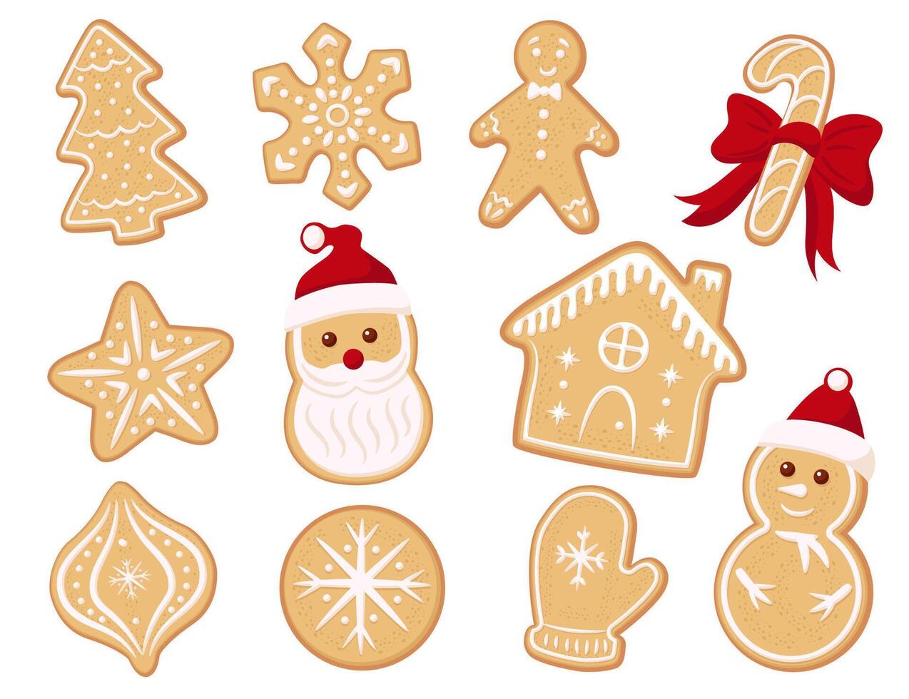 Collection of different Gingerbread Cookies. Cute illustration of decorated christmas cookies. Santa, star, snowman, tree, snowflake, mitten, house, snowflake, candy. vector