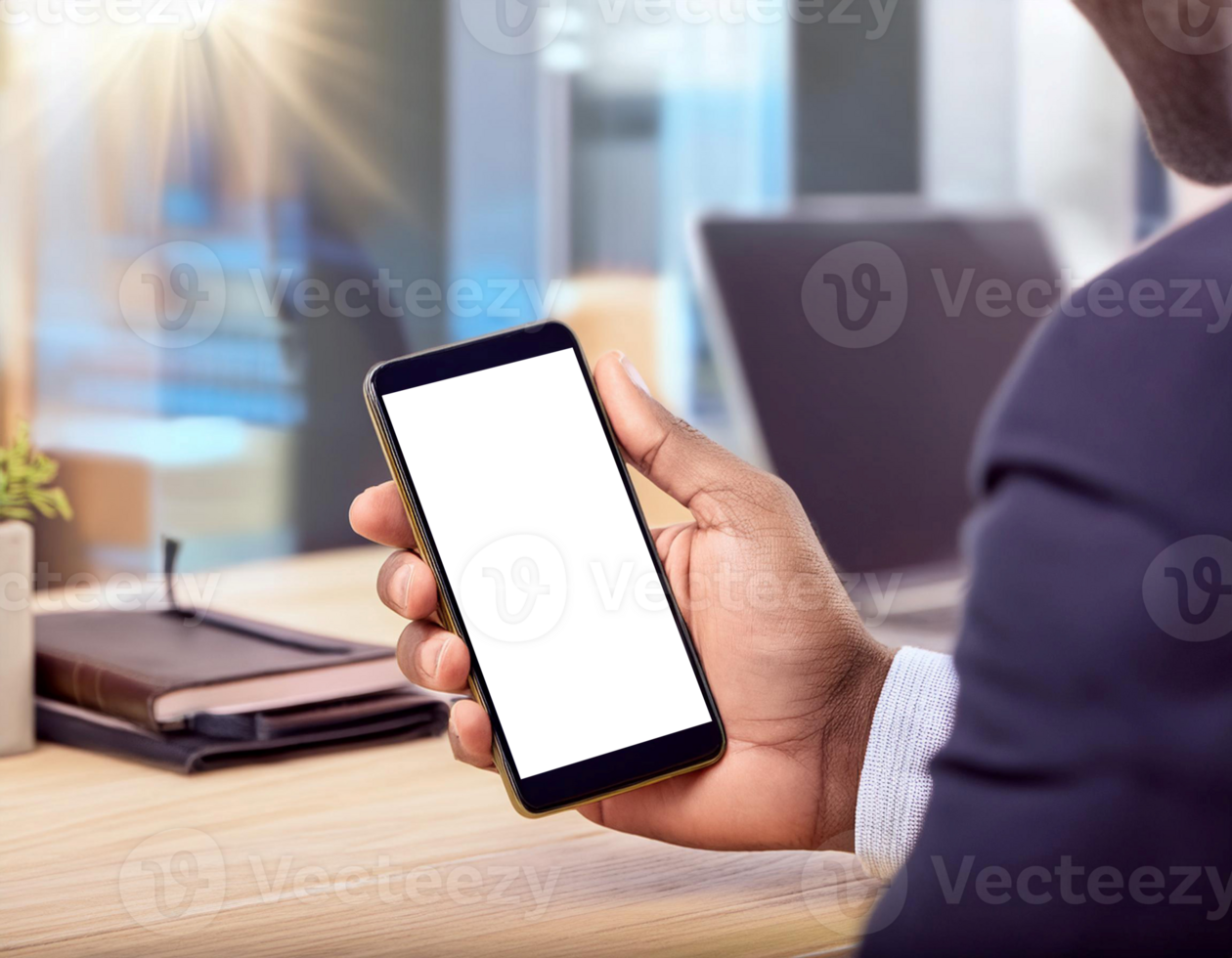 Man Holding Smartphone With Digital Wallet Interface in Modern Office Setting png