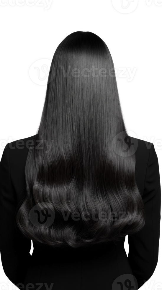Back view of woman with long black straight hair, isolated on transparent background png