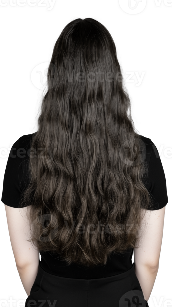Back view of woman with long wavy black hair, isolated on transparent background png