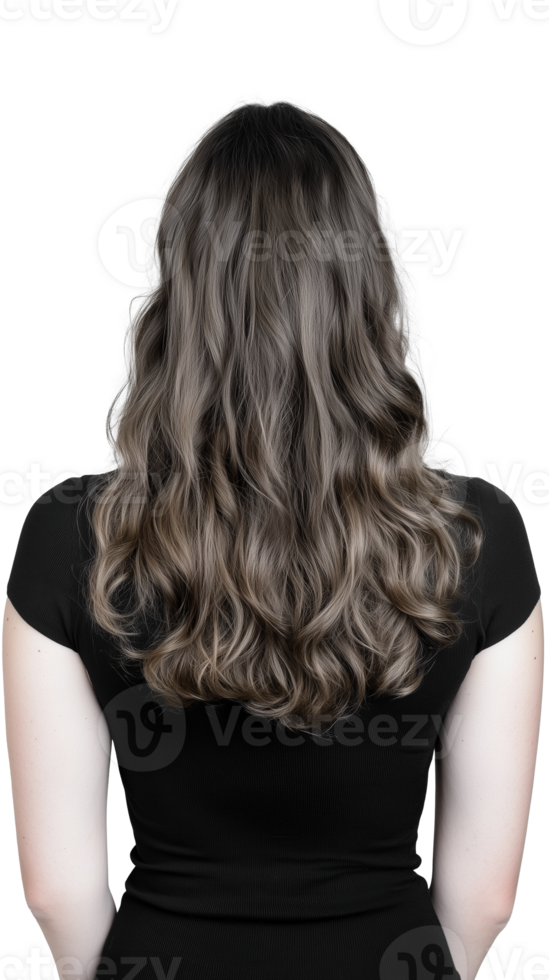 Back view of woman with long curly hair, isolated on transparent background png