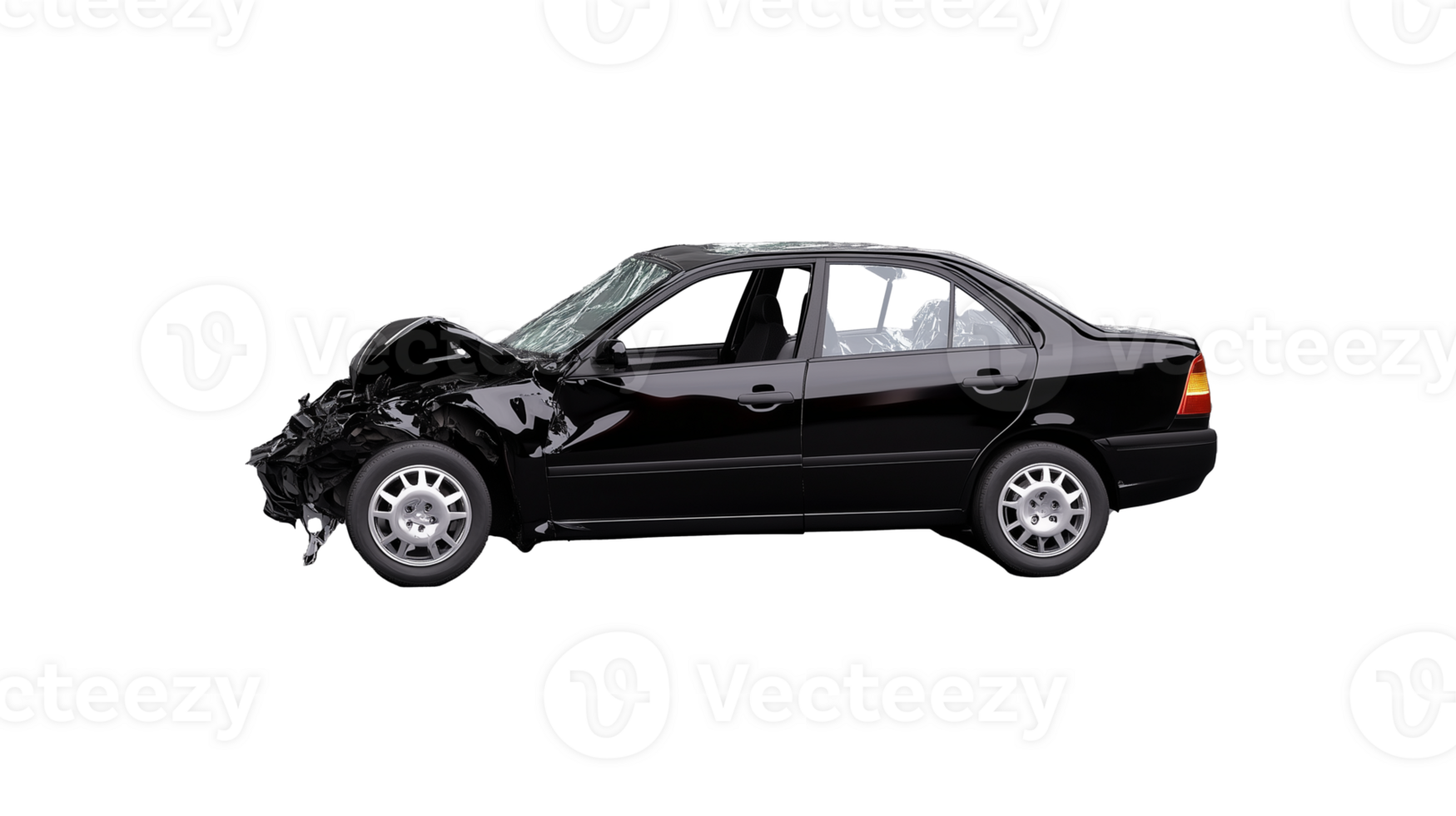 Crashed gray car with visible front damage, isolated on transparent background png