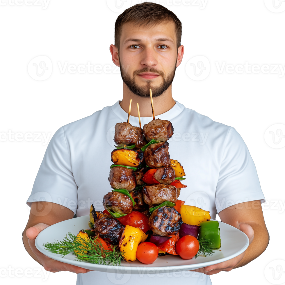 Smiling chef holding a platter of kebabs and vegetables, isolated on transparent background png