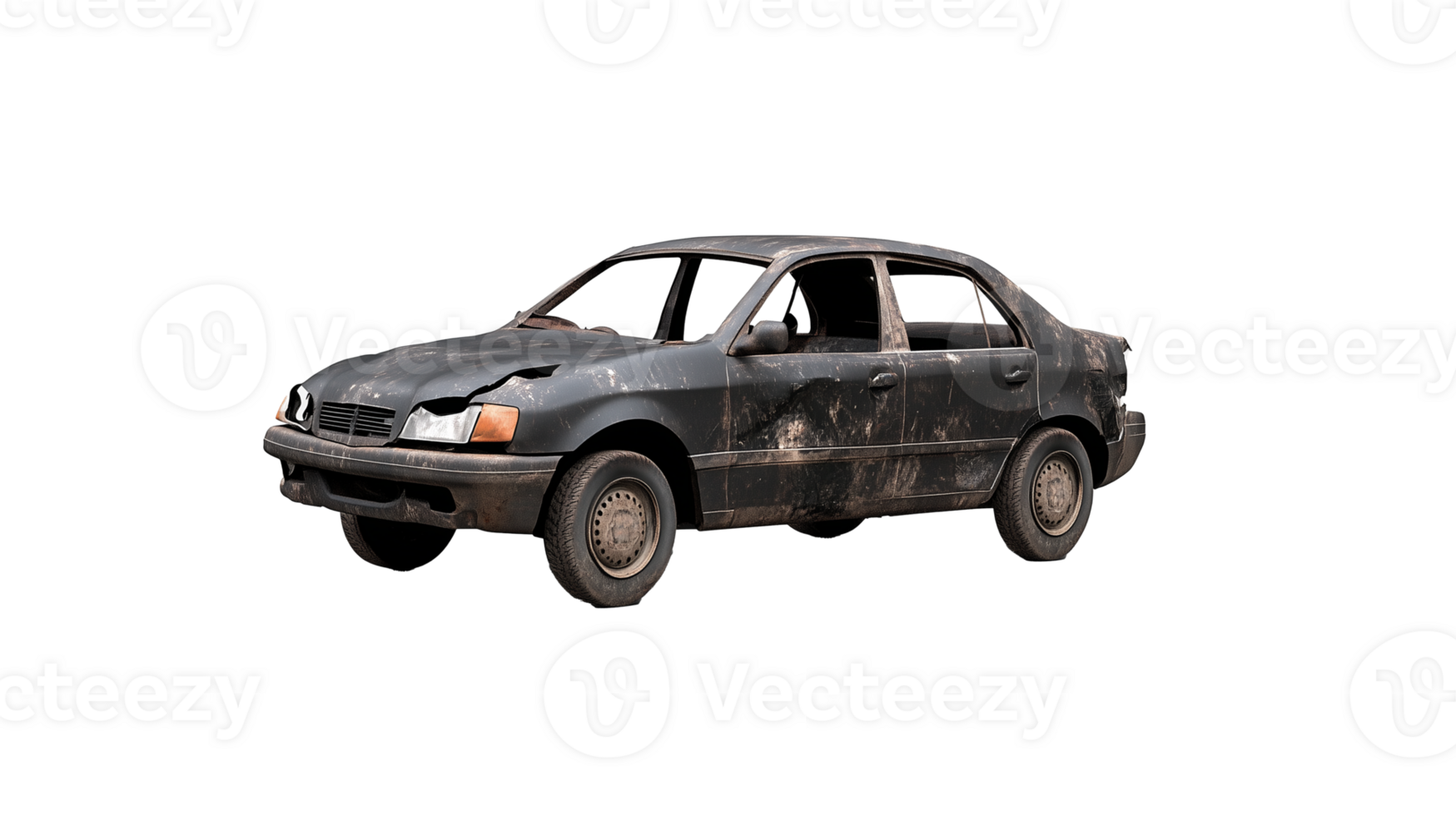 Wrecked black sedan with front-end damage, isolated on transparent background png