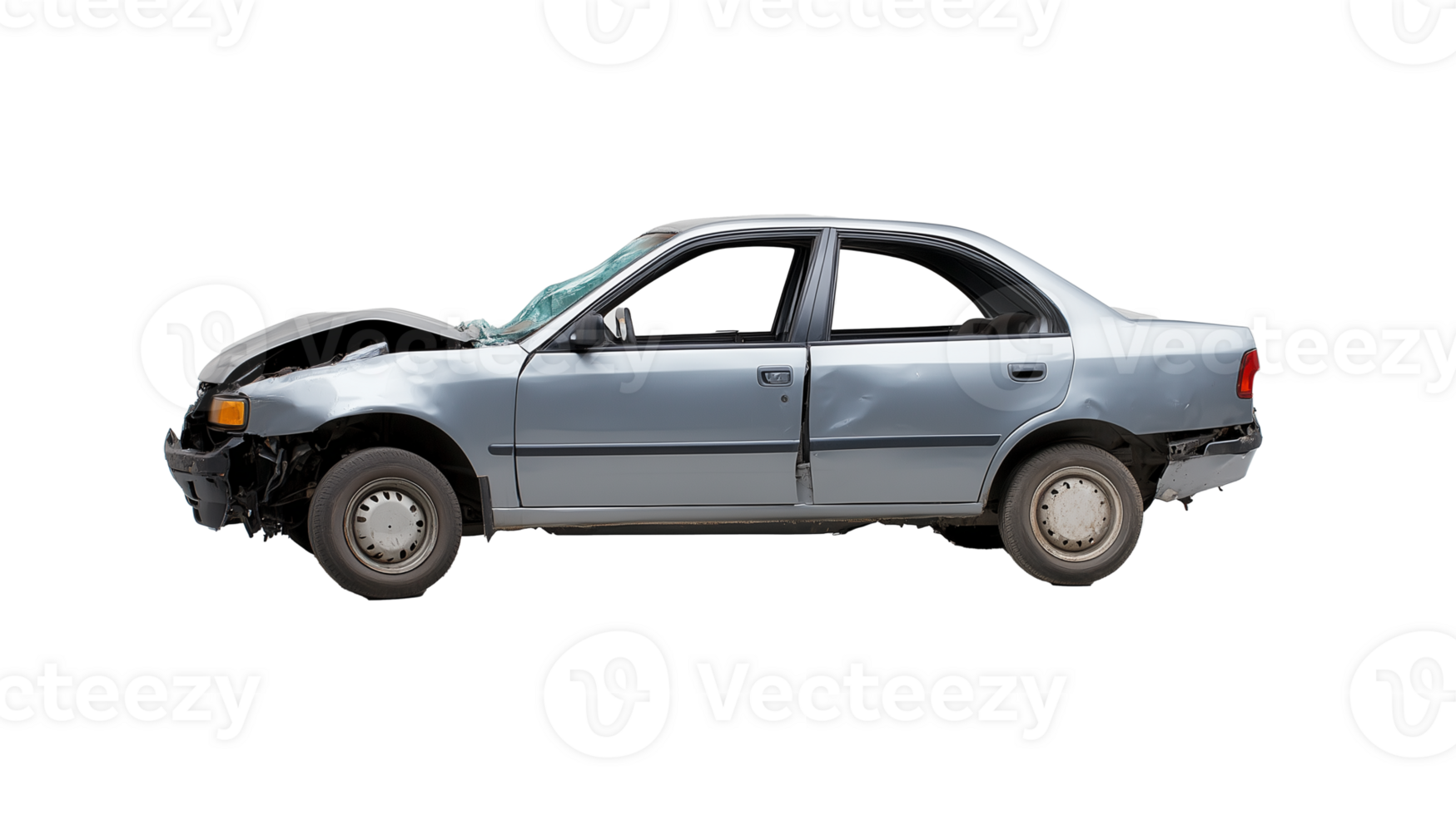 Broken silver car with severe front-end collision damage, isolated on transparent background png