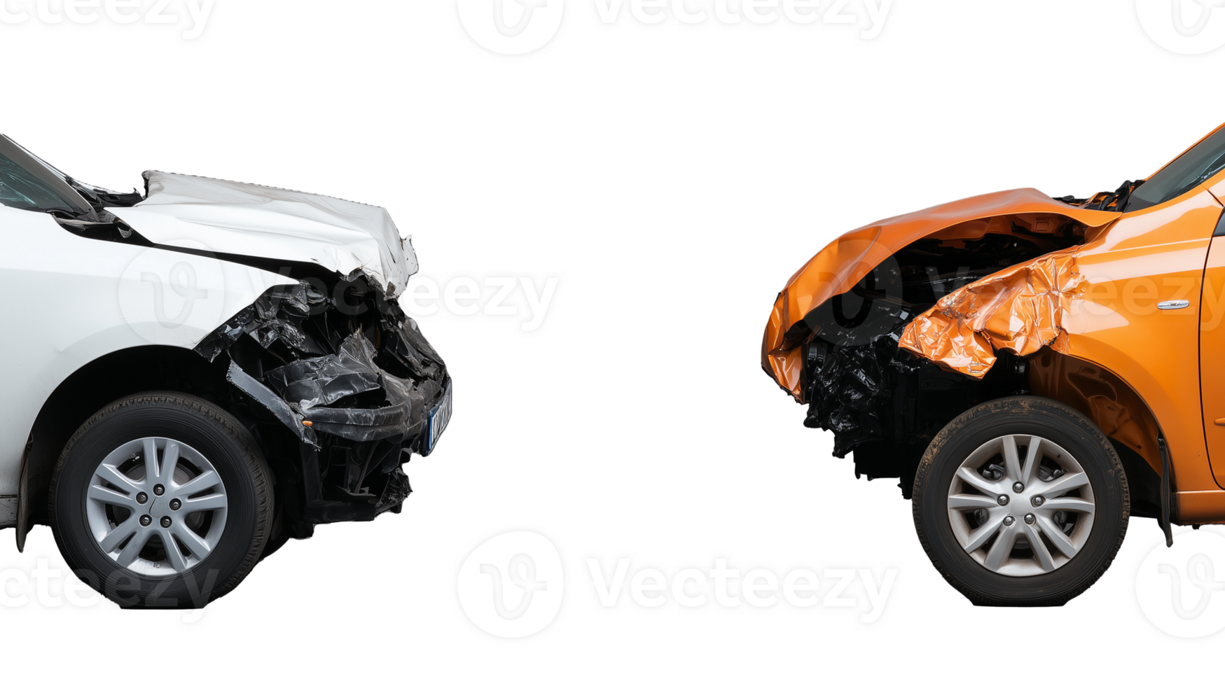 Damaged orange car with broken front bumper, isolated on transparent background png