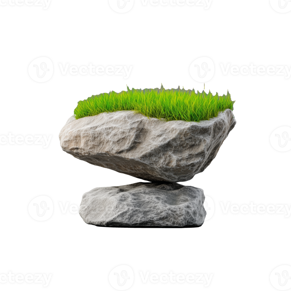 Stacked rocks with grass growing on top, symbolizing balance, isolated on transparent background png