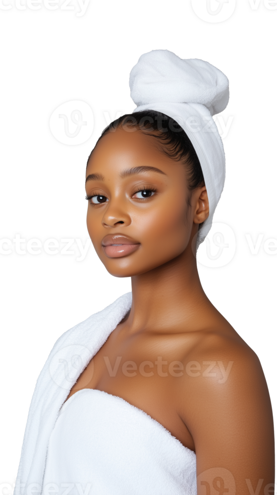 Woman with towel wrapped around head after bath, isolated on transparent background png