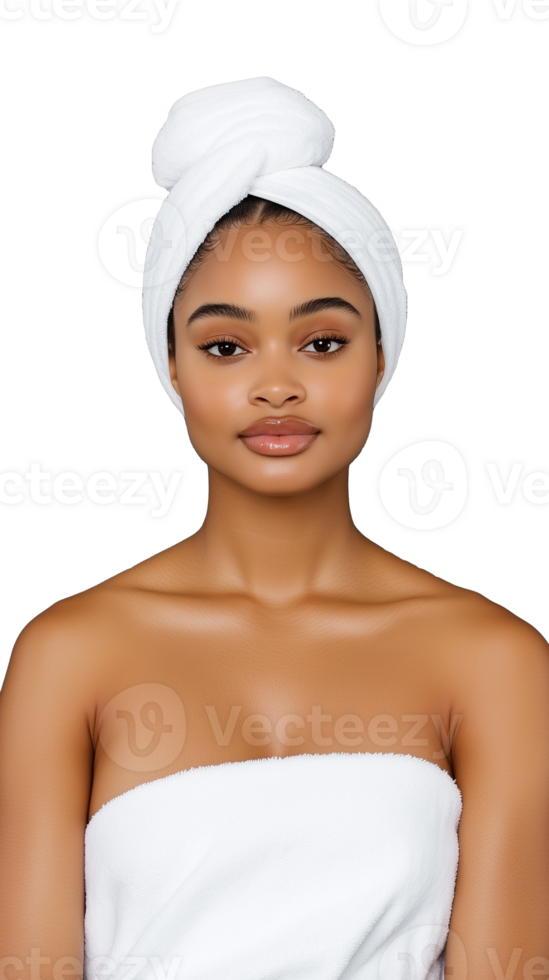 Woman in towel with hair wrapped, post-shower, isolated on transparent background png
