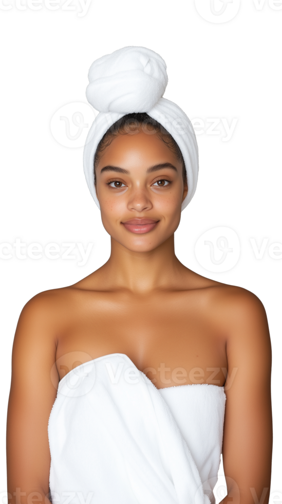 Young woman in towel with hair wrapped, ready for spa, isolated on transparent background png