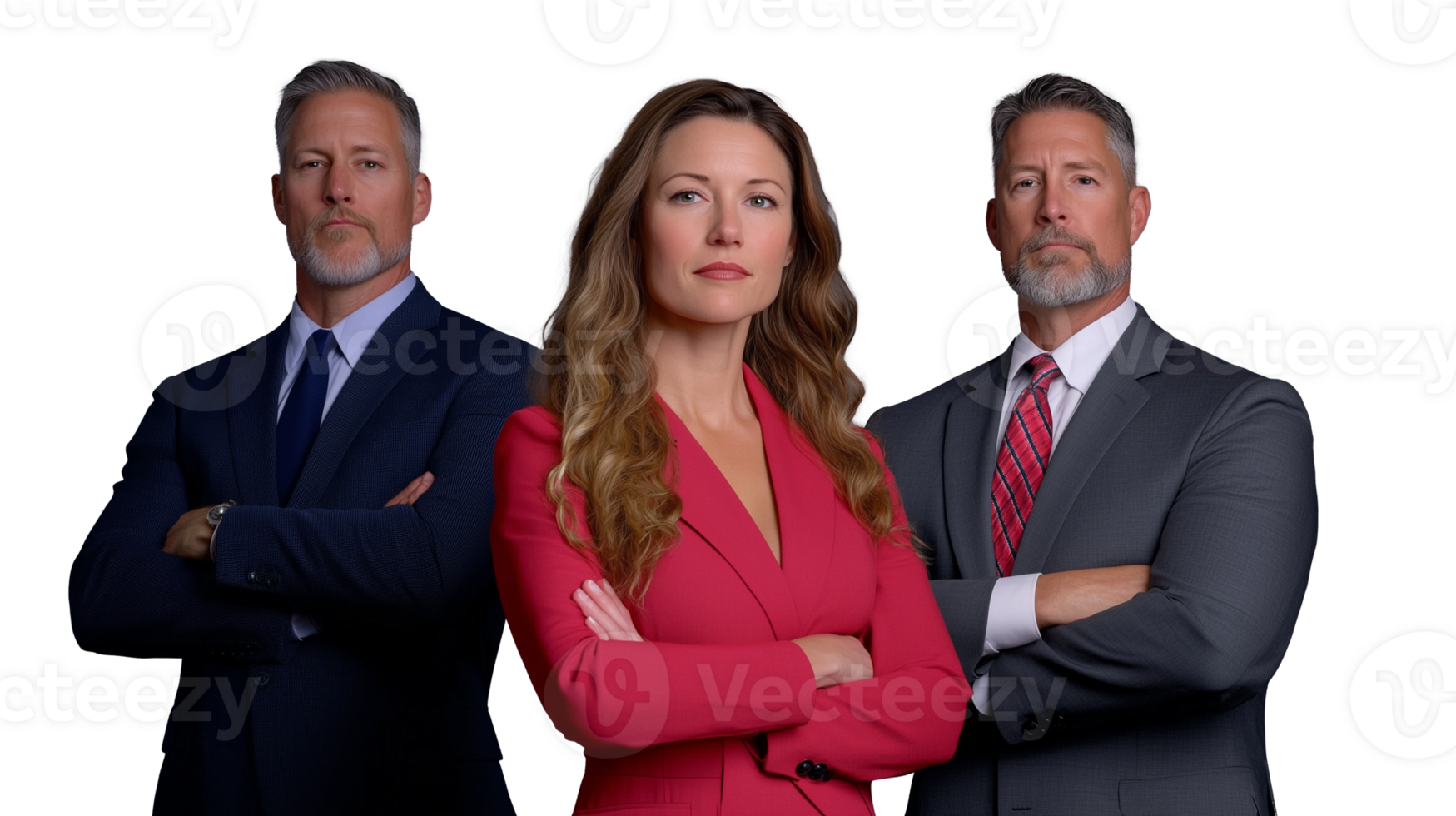 Professional business team in formal attire with serious expressions, isolated on transparent background png