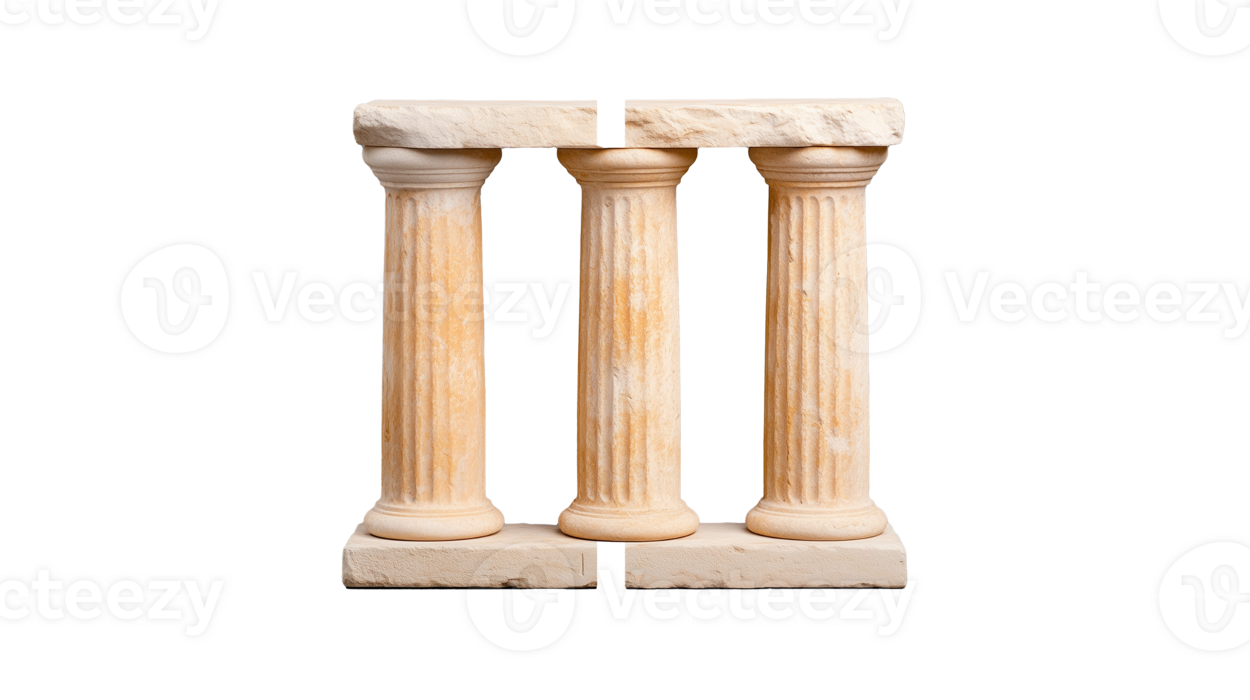 Three ancient stone columns in a row, isolated on transparent background png