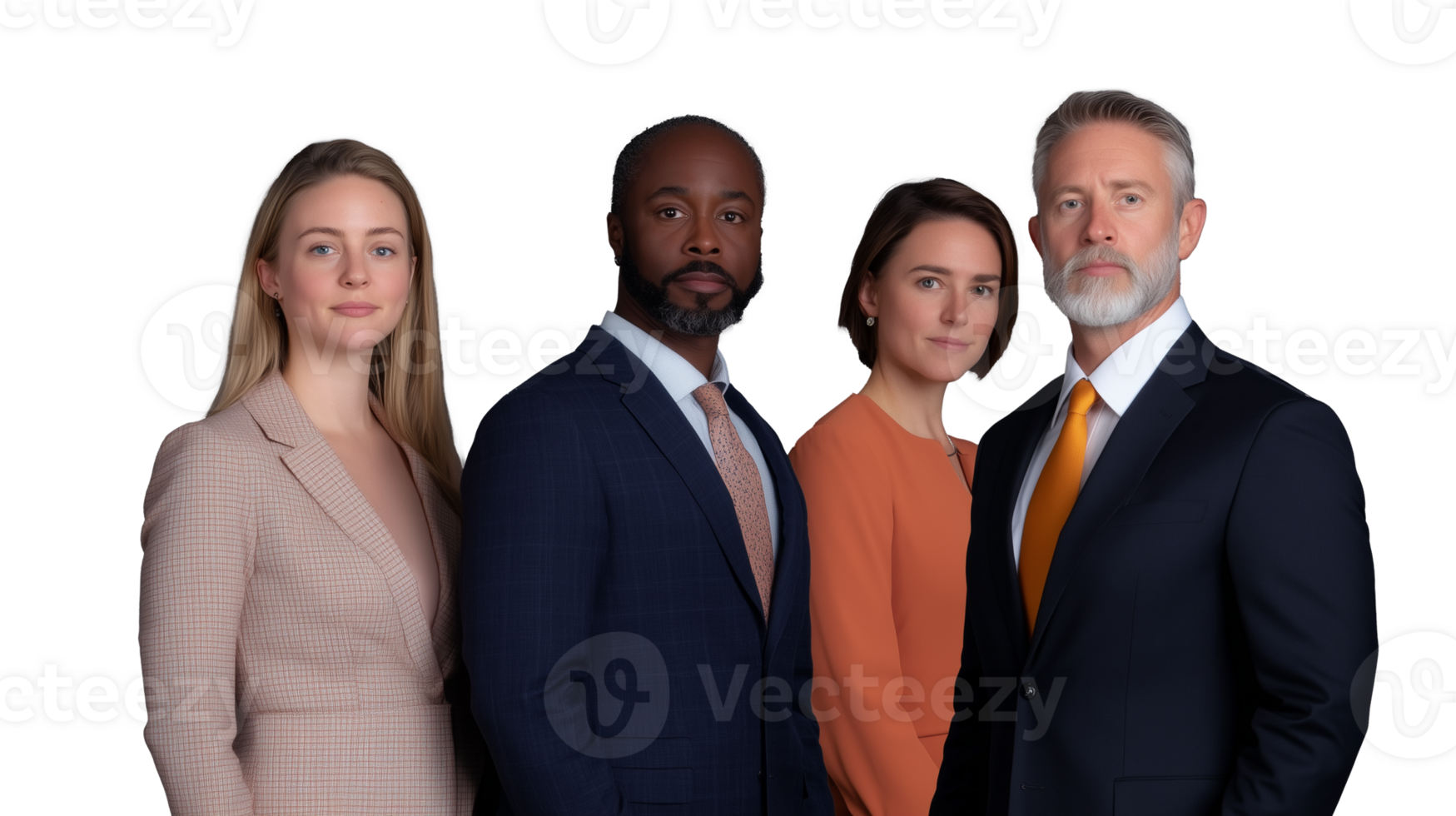 Multi-ethnic team of business executives in professional attire, isolated on transparent background png
