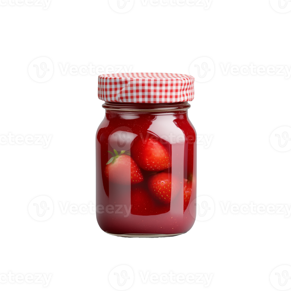 Strawberry jam in glass jar with red checkered lid, isolated on transparent background png