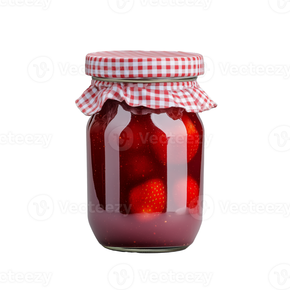 Jar of strawberry preserves with red gingham lid, isolated on transparent background png