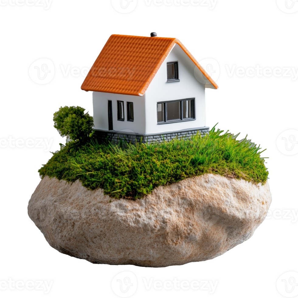 Miniature house on floating rock with lush grass, isolated on transparent background png