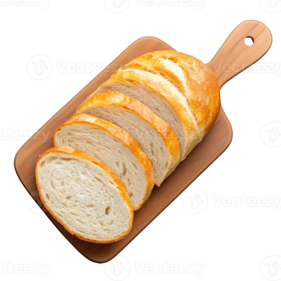 Loaf of fresh bread with several slices on wooden board, isolated on transparent background png