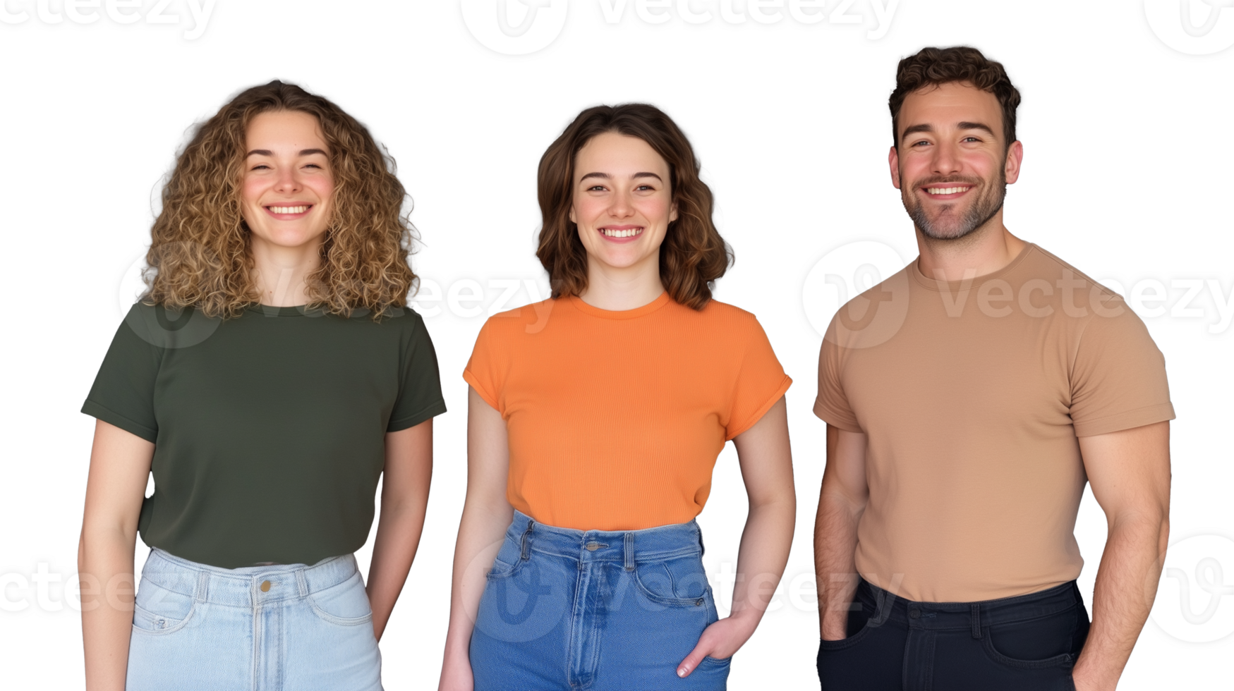 Group of friends standing together with casual smiles, isolated on transparent background png