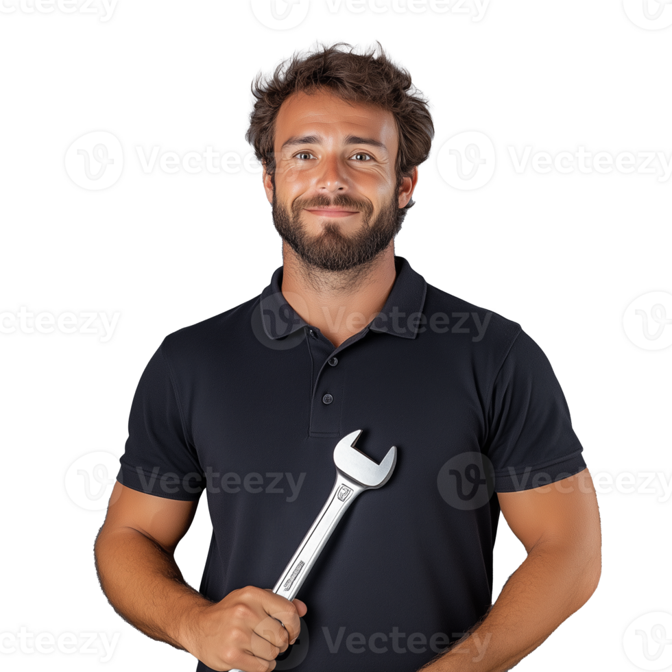Mechanic with a wrench giving a confident smile, isolated on transparent background png