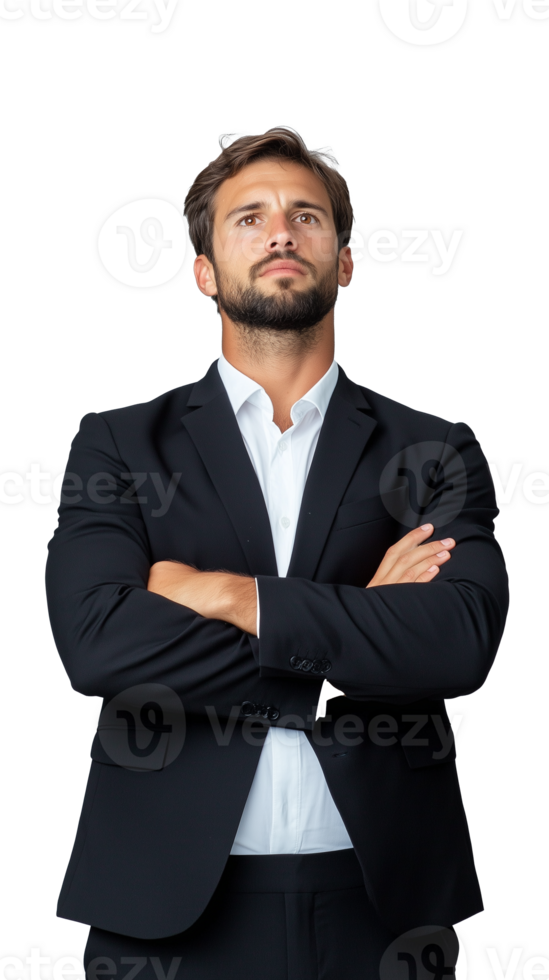 Confident man in business suit with arms crossed, isolated on transparent background png