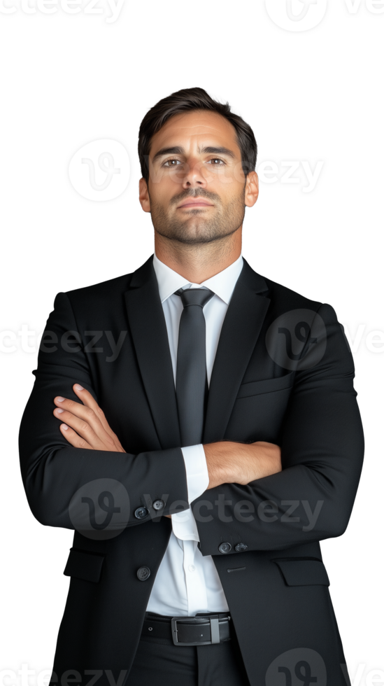 Businessman with arms crossed in formal attire, isolated on transparent background png