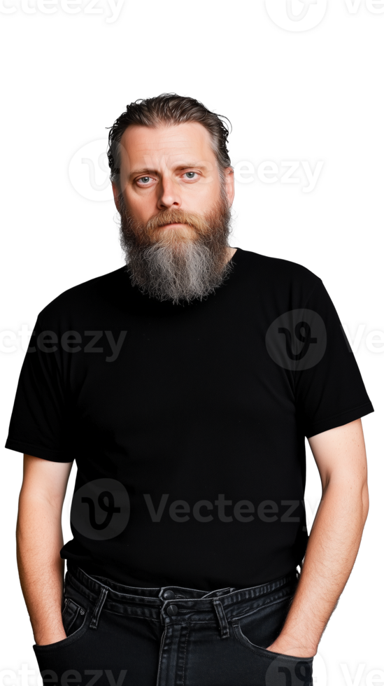 Serious middle-aged man with beard in black shirt, isolated on transparent background png