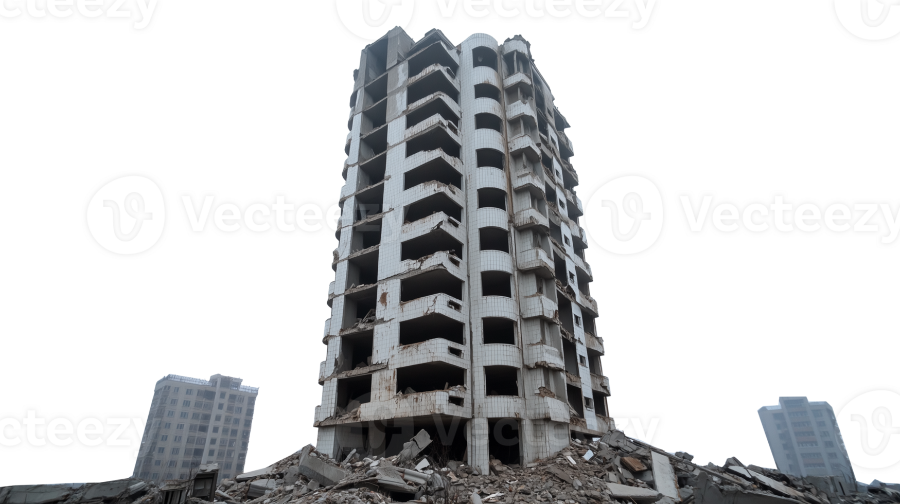 Tall building partially collapsed with exposed floors, isolated on transparent background png