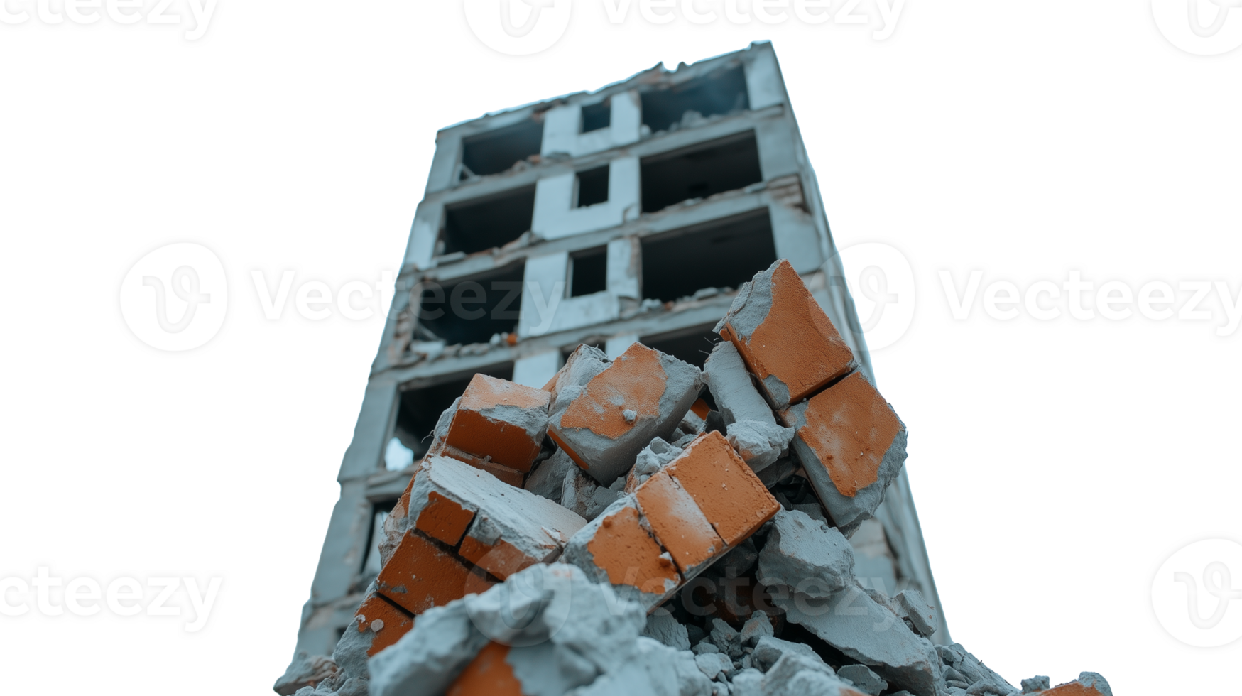 Collapsed building ruins with concrete rubble, isolated on transparent background png