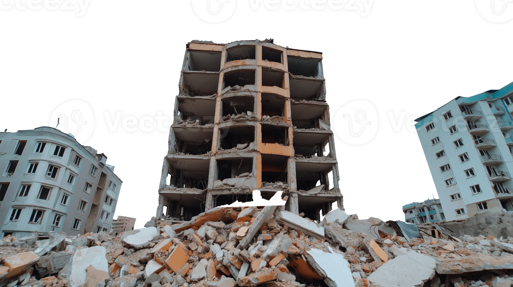 Demolished building with remains of floors and concrete, isolated on transparent background png