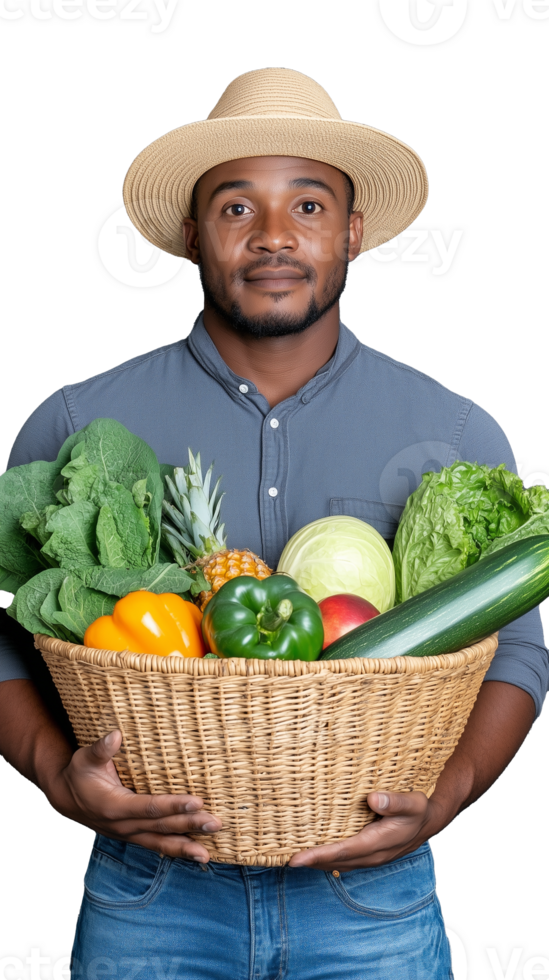 Farmer holding a basket of fresh vegetables, isolated on transparent background png