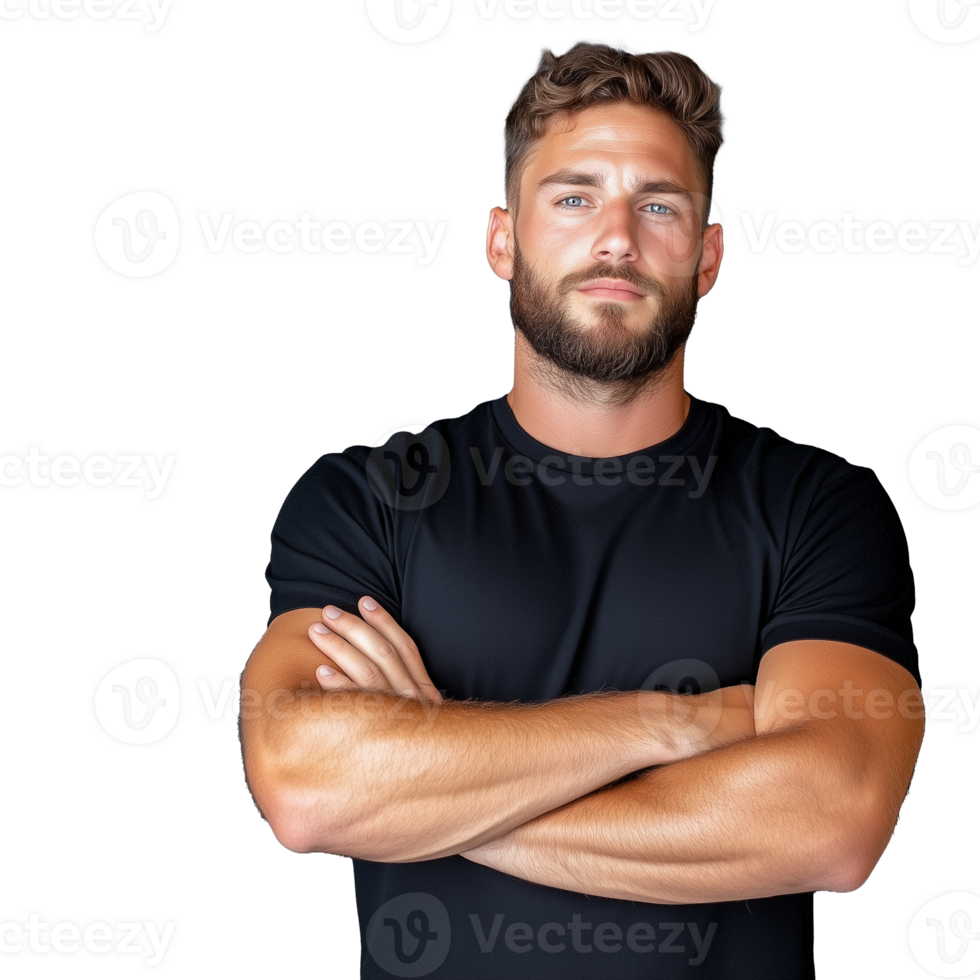 Casual man with arms crossed, wearing black t-shirt, isolated on transparent background png
