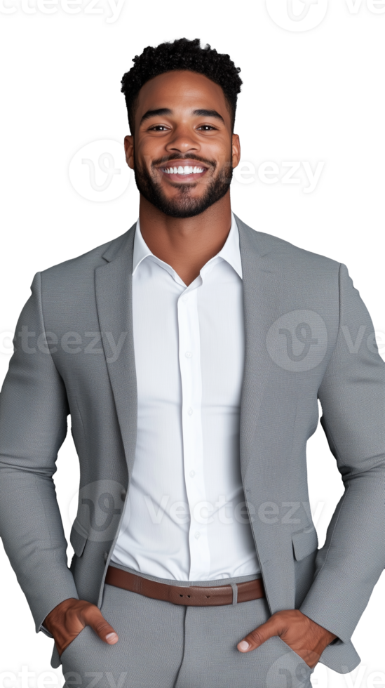 Young businessman in grey suit smiling confidently, isolated on transparent background png