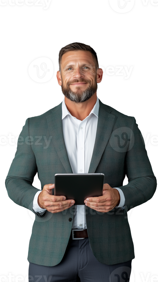 Smiling man in green blazer holding tablet, isolated on transparent background png