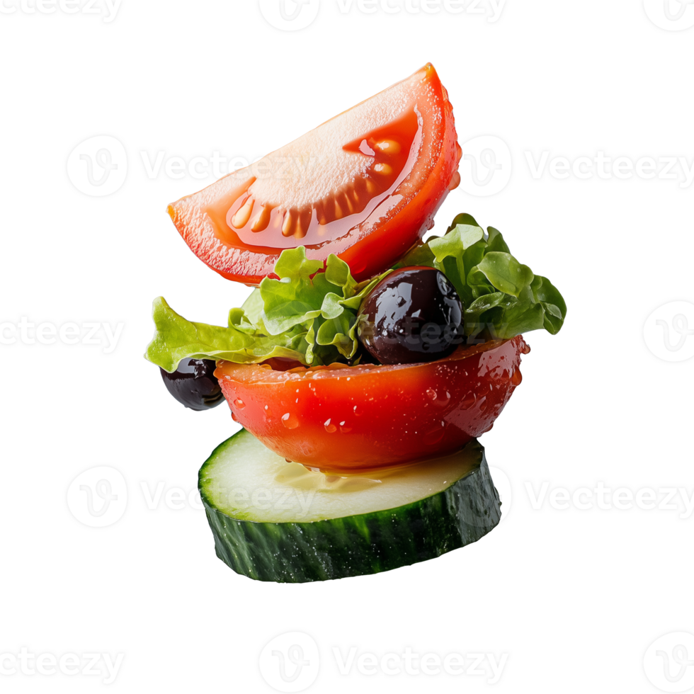Mixed salad of fresh vegetables with cucumber and tomato, isolated on transparent background png