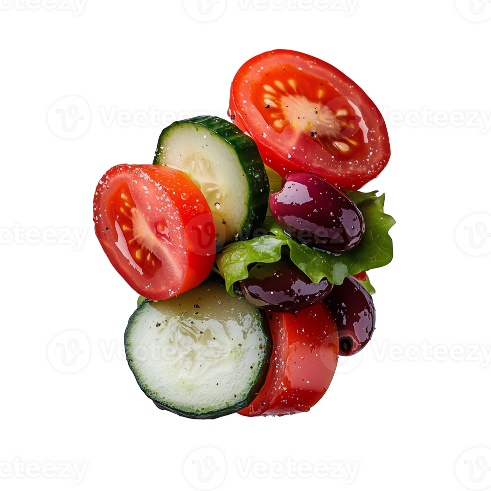 Fresh vegetable salad with cucumber, tomato, and olives, isolated on transparent background png