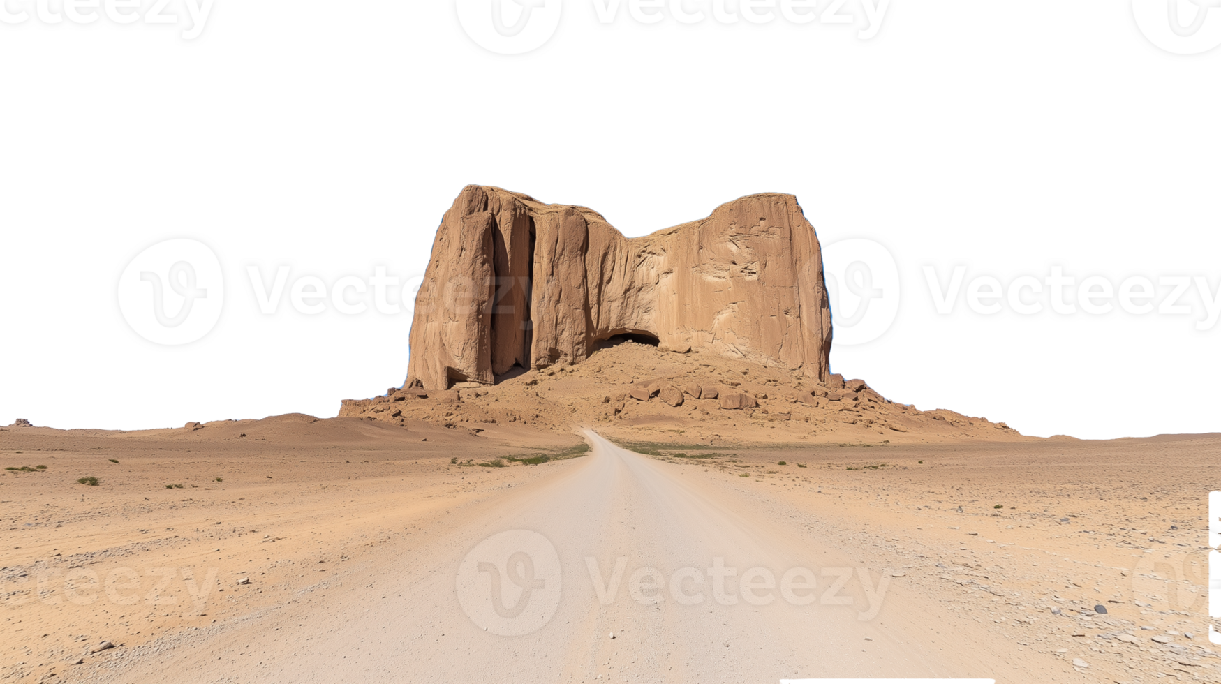Path leading to rock formations in desert terrain, isolated on transparent background png