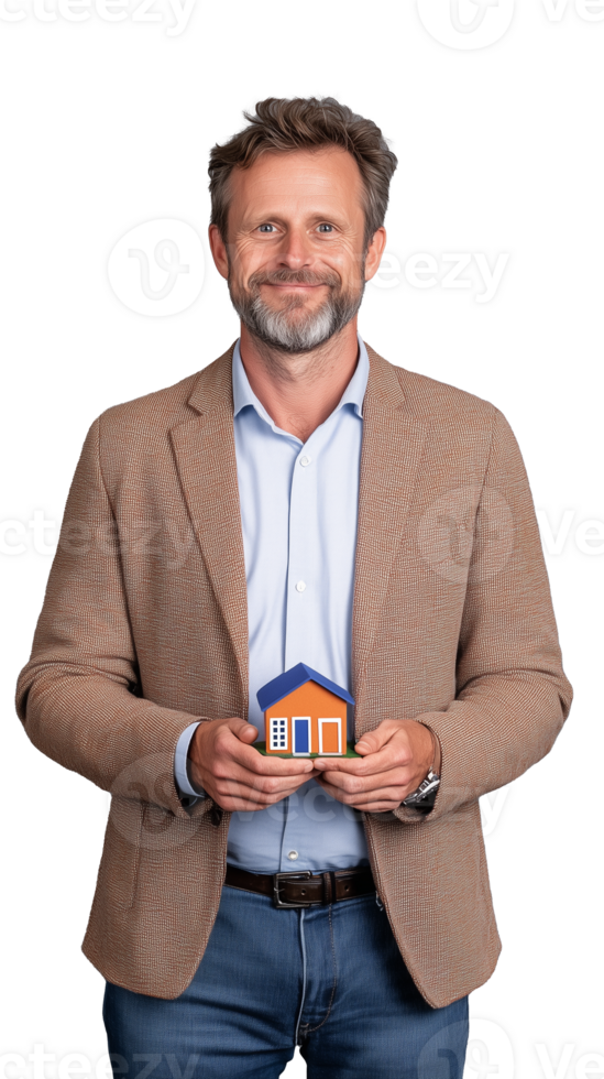 Smiling real estate agent presenting small house model, isolated on transparent background png