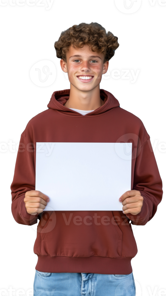 Smiling young man in hoodie holding blank whiteboard, isolated on transparent background png