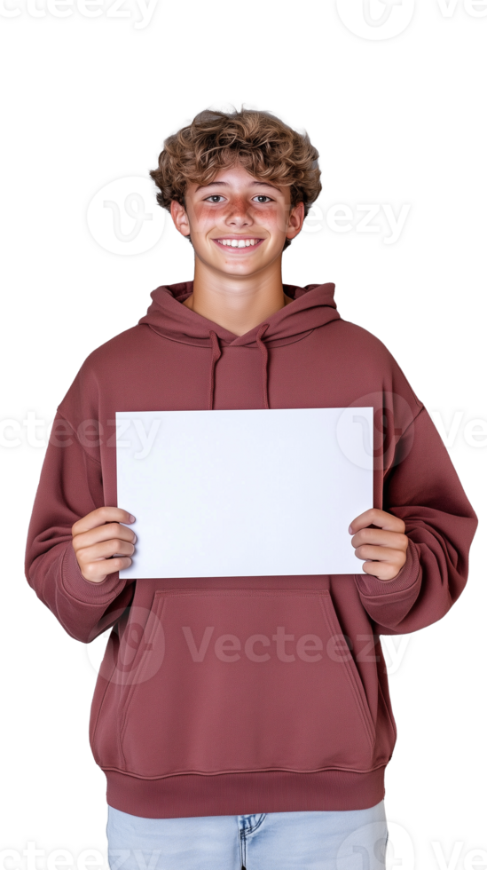 Teenage boy holding blank whiteboard in maroon hoodie, isolated on transparent background png