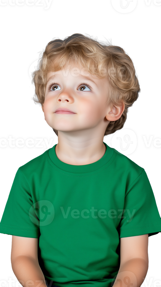 Cute young boy in green T-shirt looking up, isolated on transparent background png