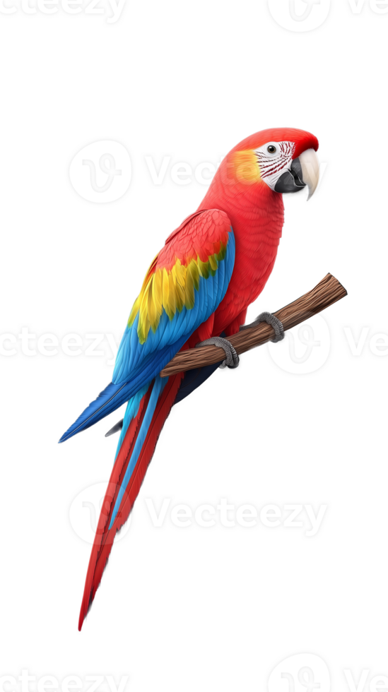 Colorful scarlet macaw parrot on a branch, isolated on transparent background png