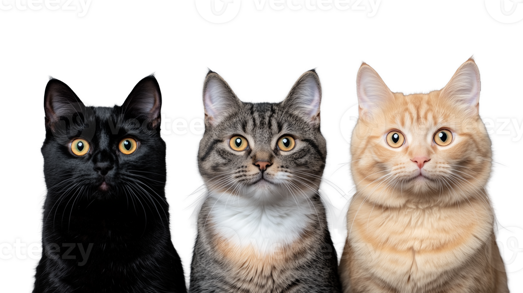 Trio of cute cats sitting side by side, isolated on transparent background png