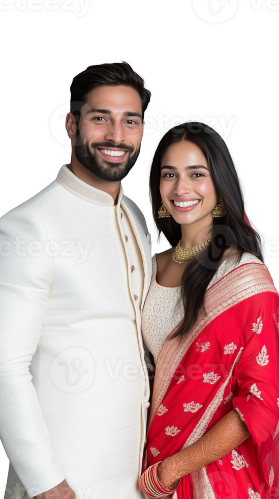 Smiling couple in traditional attire, embracing, isolated on transparent background png